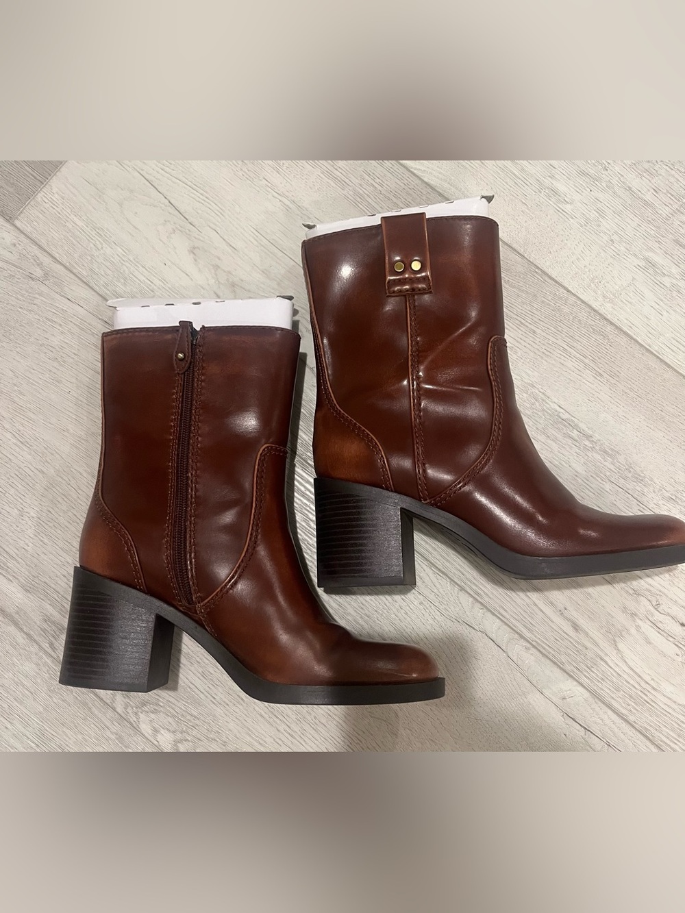 INC  Brown Leather Mid-Calf Block Heel Boots
